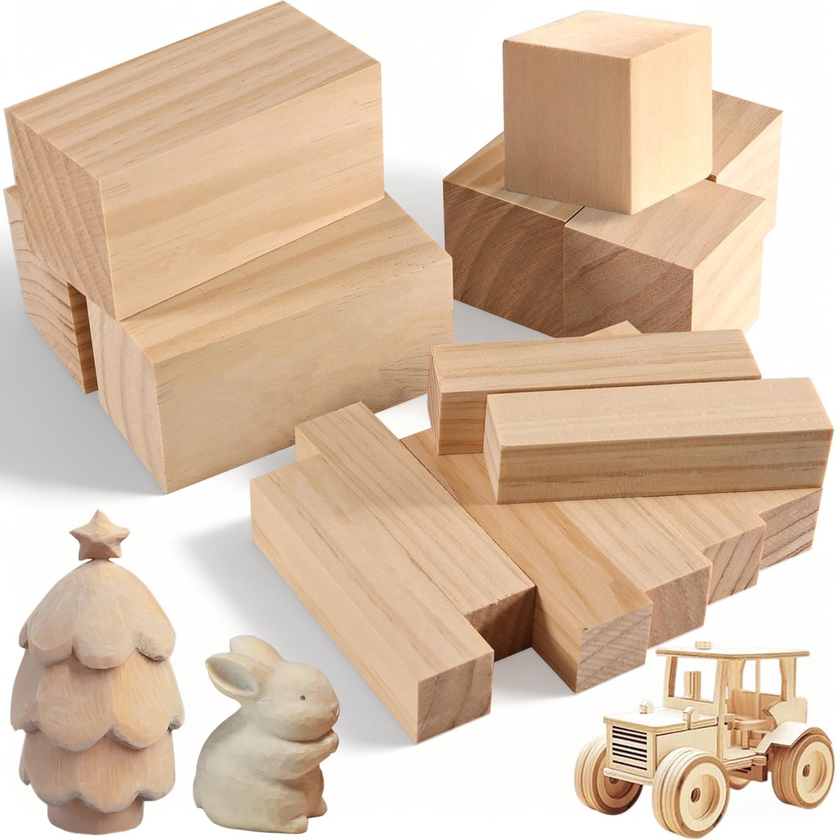 Dailygoods- Houtsnijhoutset 15 Stuks - Natuurlijk Lindehout - Onbehandeld Houten Blok - Maten 5x5x10cm/2,5x2,5x10cm/5x5x5cm - Geschikt voor Beginners - Ideaal voor Creatieve Projecten - Houtsnijmateriaal