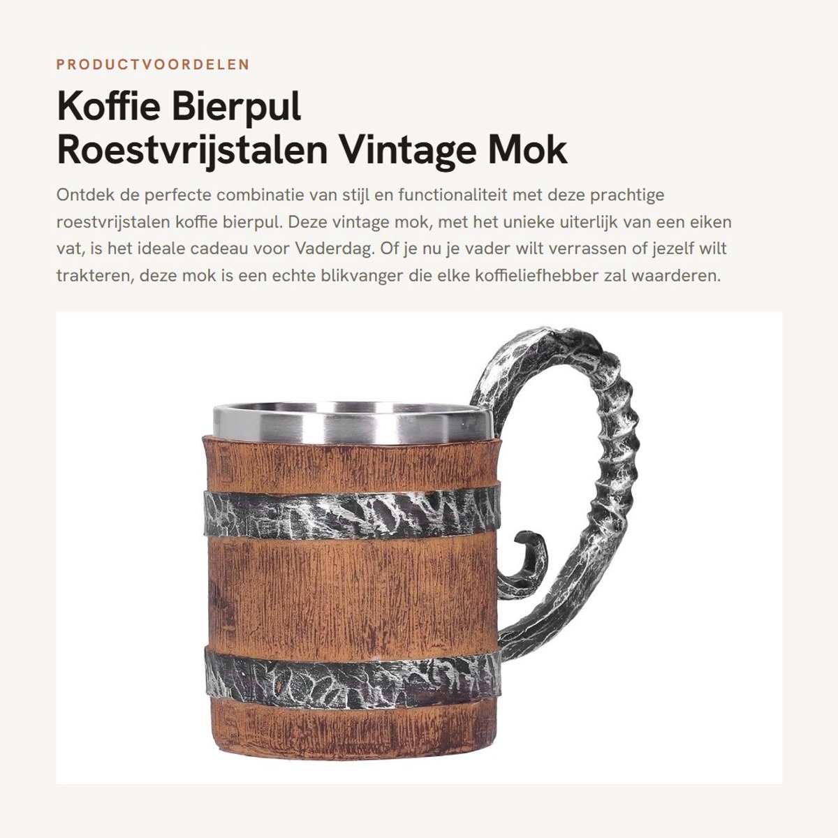 Dailygoods- Bierpul Roestvrij staal - Vintage - Viking-mok - Vaderdagcadeau - Hars uiterlijk - Eiken vat design