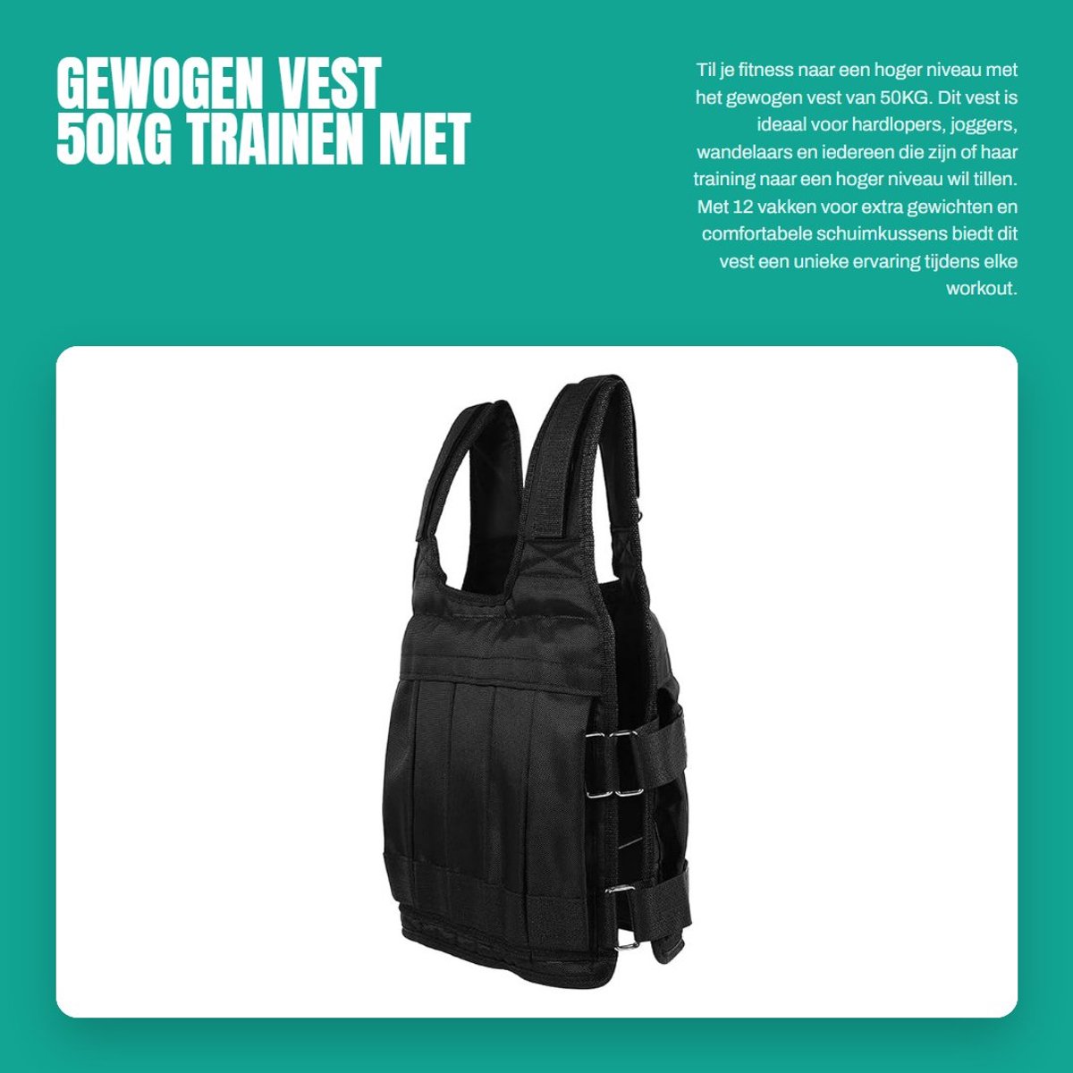 Dailygoods- Gewichtsvest 50kg - Verstelbaar - Schokabsorberend - Oxford-stof - 12 Zakken - Afmetingen 65 x 44 cm - Gewichtvest