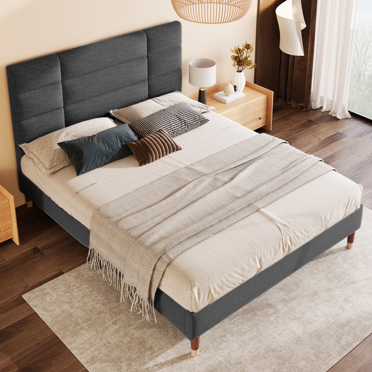 DESMIU Gestoffeerd Bed 140x200 cm - Orthopedische 7-Zone Ondersteuning - Opbergruimte Onder Het Bed - Voor Volwassenen En Jongeren - Linnenstijl - Grijs Met Matras