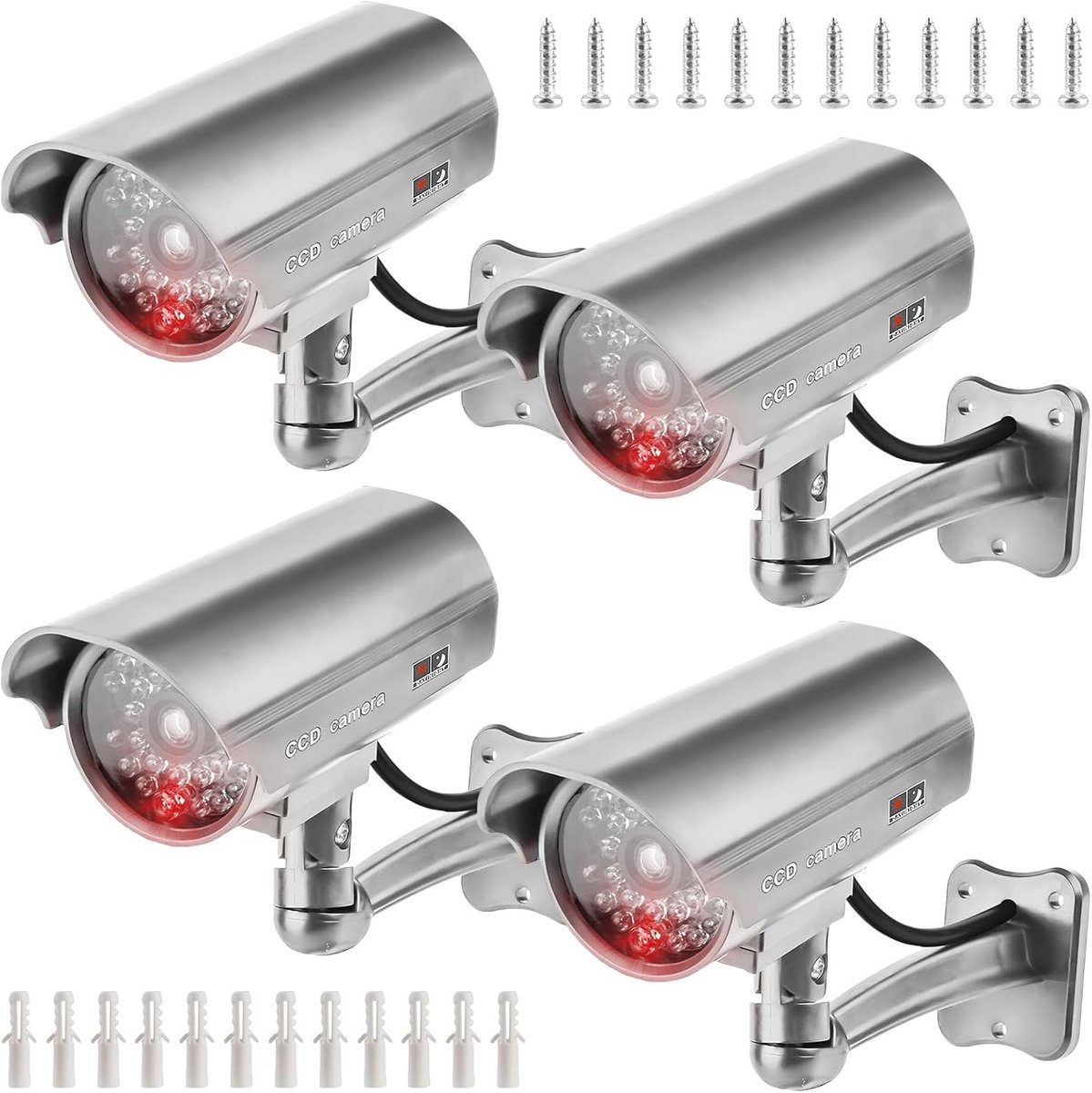 Nep Camera Set - Dummy Beveiliging - Diefstal Preventie - Knipperend Rood LED - 4 Stuks - Zilver
