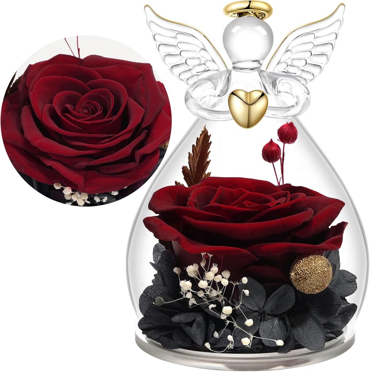 Rozen Engel - Gedroogde Bloemen - Cadeau Geven - Echte Bewaarde Roos - 7x7x10.5 cm - Paars