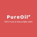 PureOil logo en tekst '100% Pure & Natuurlijke oliën' op rode achtergrond.