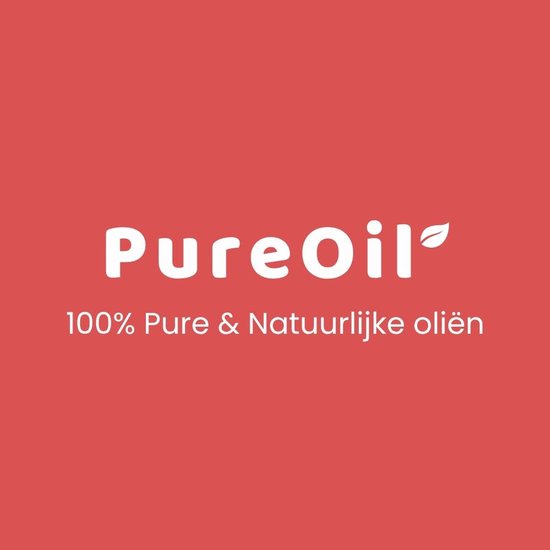 PureOil logo en tekst '100% Pure & Natuurlijke oliën' op rode achtergrond.