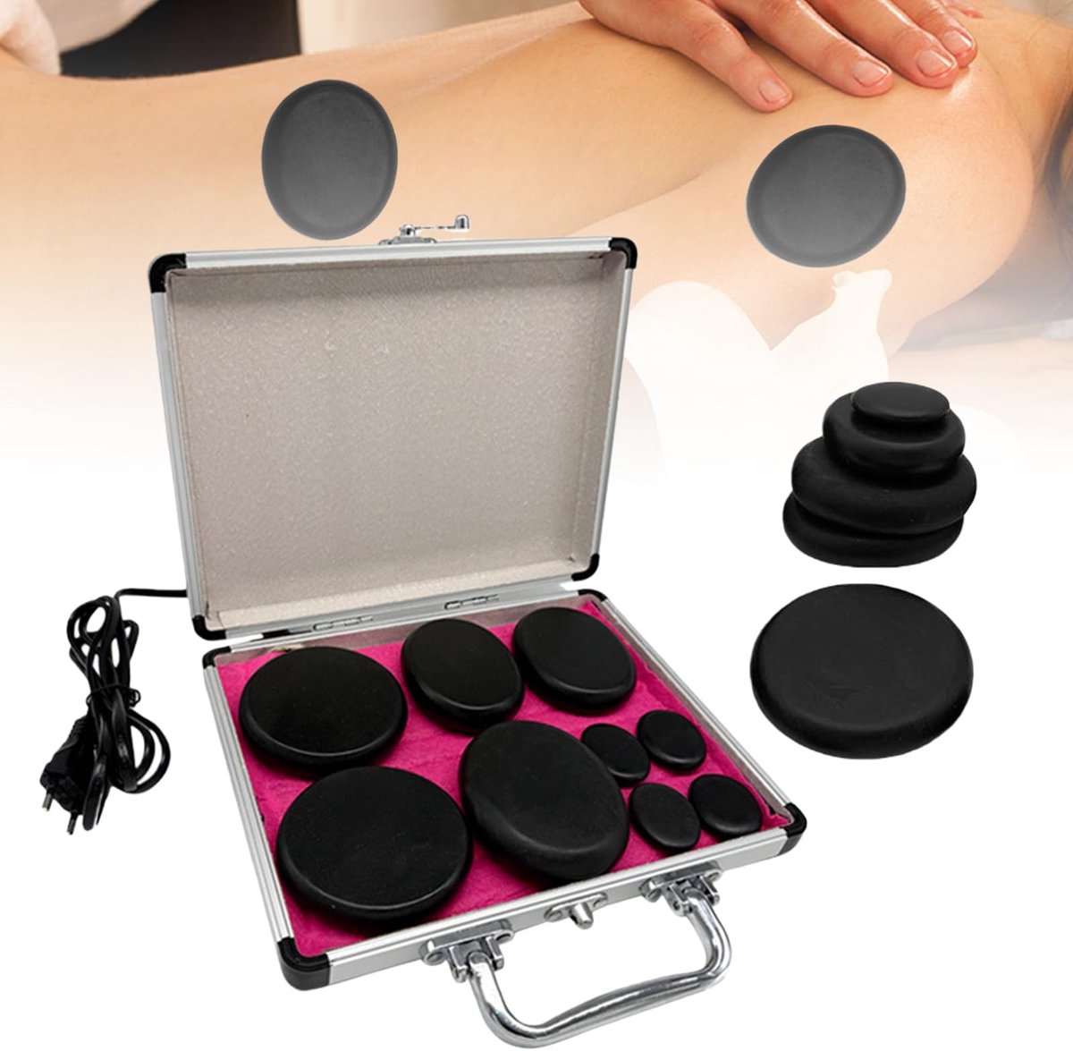 Dailygoods- Massagestenen Set 9 Stuks - Basalt Hot Stone - Verwarmingskoffer - Draagbaar - Massagetherapie - Ontspanning en Spa-Behandeling - Hotstone