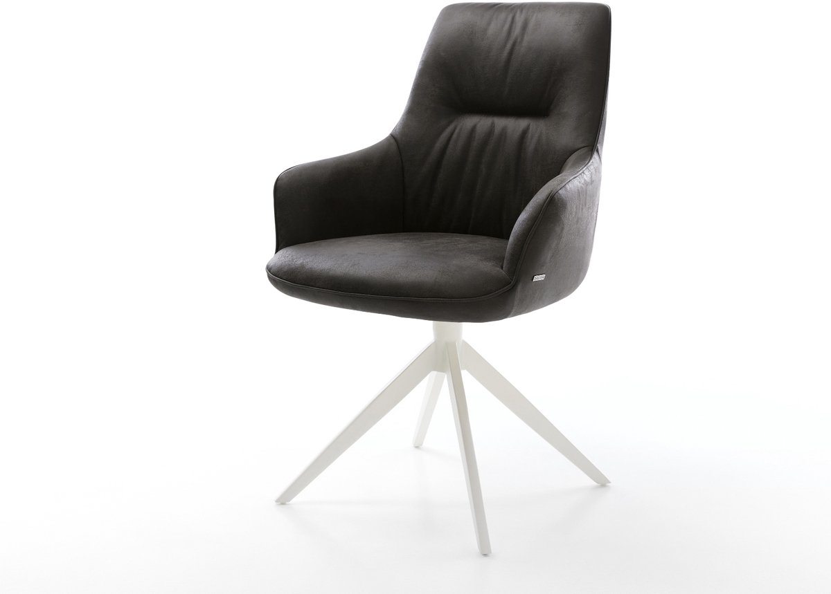 Eetkamerstoel Zelia-Flex met armleuning kruisframe breed wit microvelours antraciet vintage 360° draaibaar rocker-functie pocketveer kern