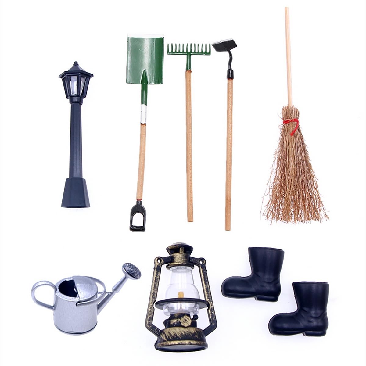 Dailygoods- Tuingereedschap Set van 8 - Miniatuur Tuingereedschap - Hark/Bezem/Spade/Stamper - Tuindecoratie - DIY Miniatuur Poppenhuis - Duurzaam Metaal/Hout - Miniatuur Tuinset