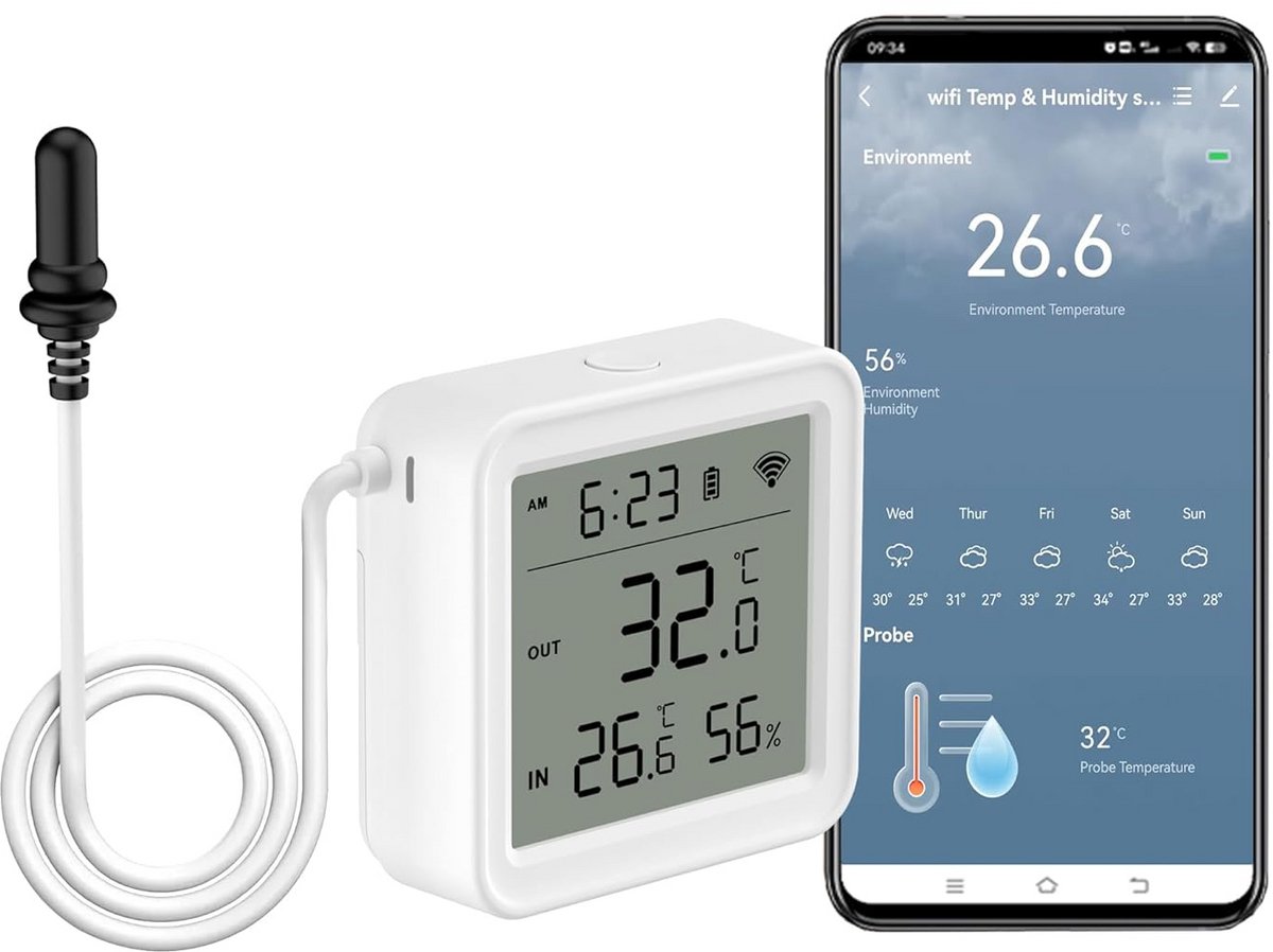 Wifi Thermometer Hygrometer - Vochtigheidssensor Sensor - Klimaat Bewaken - App Alarm Functie - 10 x 8.1 x 2.9 cm
