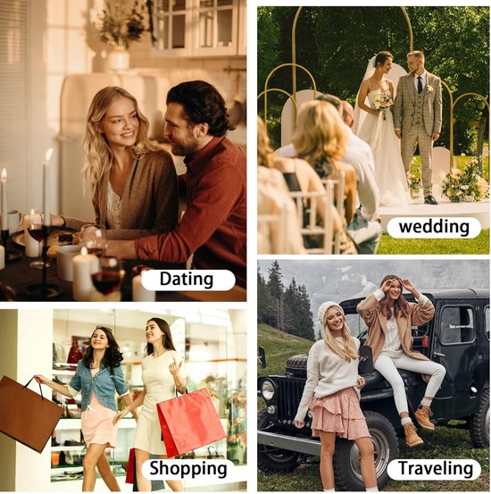 Vier collages tonen wimpers in situaties: daten, bruiloft, winkelen en reizen.