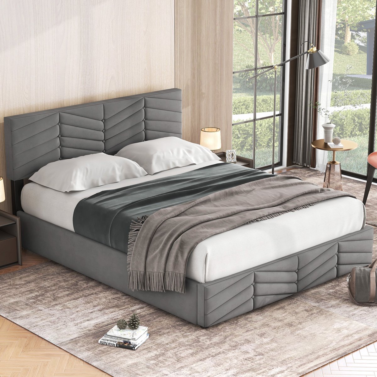 DESMIU Gestoffeerd Bed 140x200 cm – Verstelbaar Hoofdbord – Hydraulisch Opbergbed – Tweepersoonsbed Voor Slaapkamer – Fluweel – Grijs – Zonder Matras