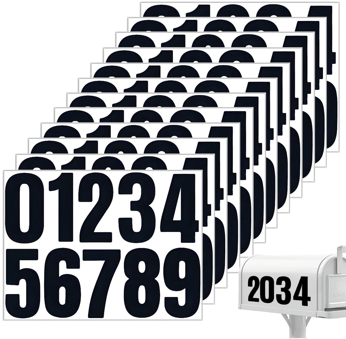 Dailygoods- Cijferstickers 10 cm - 12 Vellen - Zwart - Zelfklevend - Weerbestendig - Grote Cijferstickers voor Huisnummers - Nummerstickers