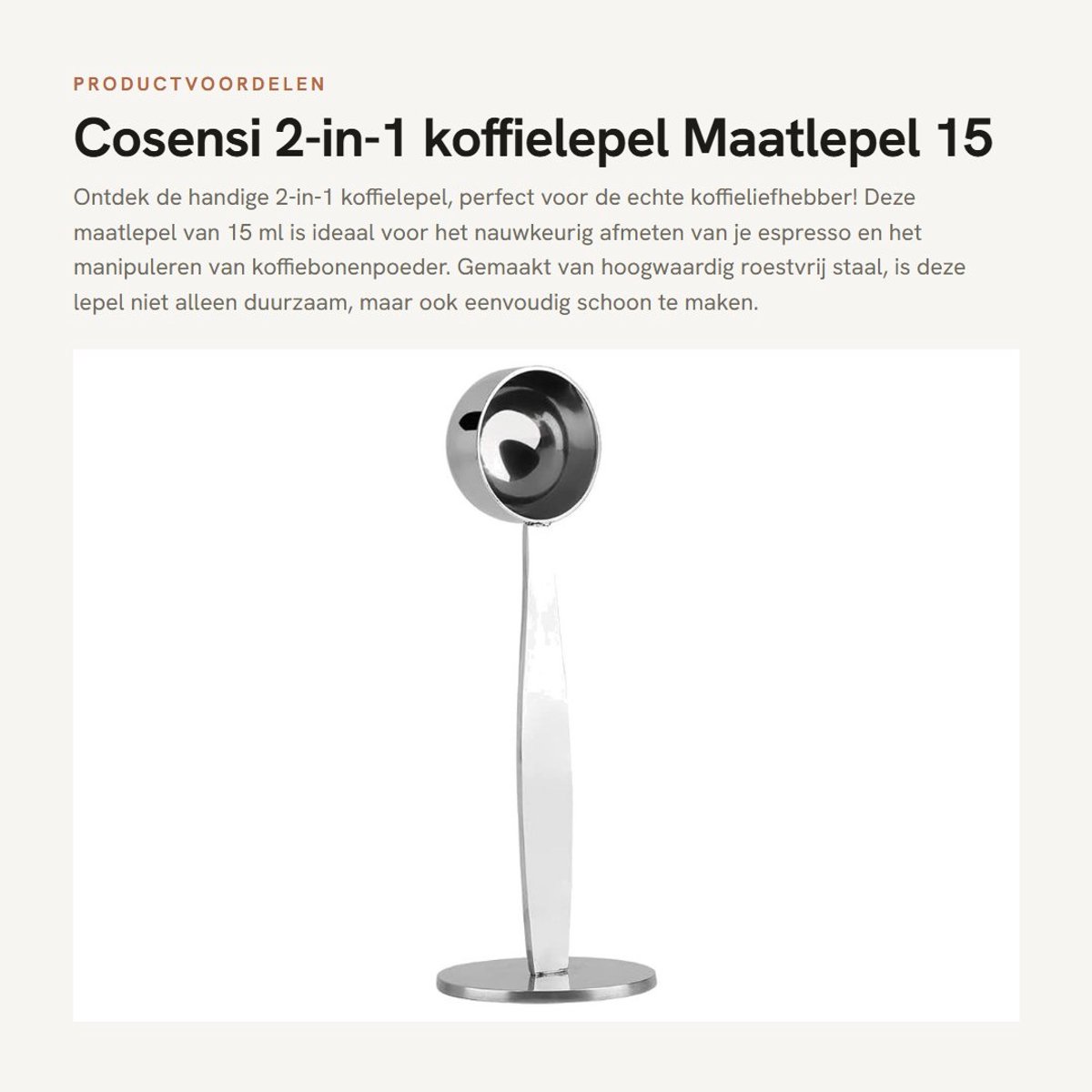 Dailygoods- Koffielepel 2-in-1 - Roestvrij Staal - 15 ml Maatlepel - Handgreep 14 cm - Ronde Bodem - Voedselveilig Materialen