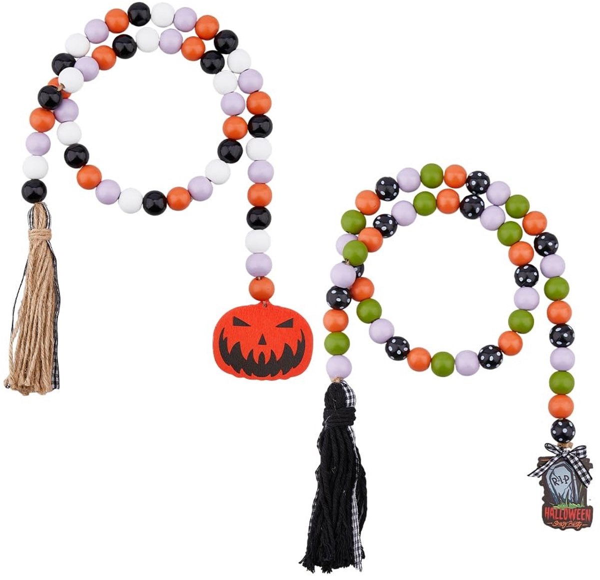 Dailygoods- Kralenslinger 90 cm - Houten Decoratieve Slingers - Halloween Decoratie - Boerderijdecoratie - 2 Stuks - Polyester/Jute Kwastjes - Decoratieslinger