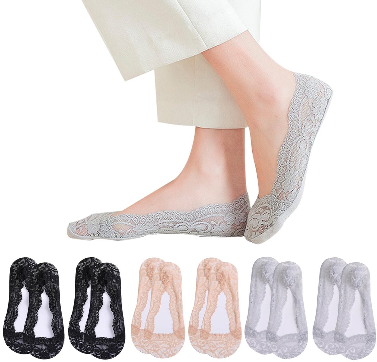 Dailygoods- No-Show Sokken 6 Paar - Antislip - Huidkleur/Zwart/Grijs - Laag Uitgesneden - Universeel - Zacht Materiaal - Invisible Socks