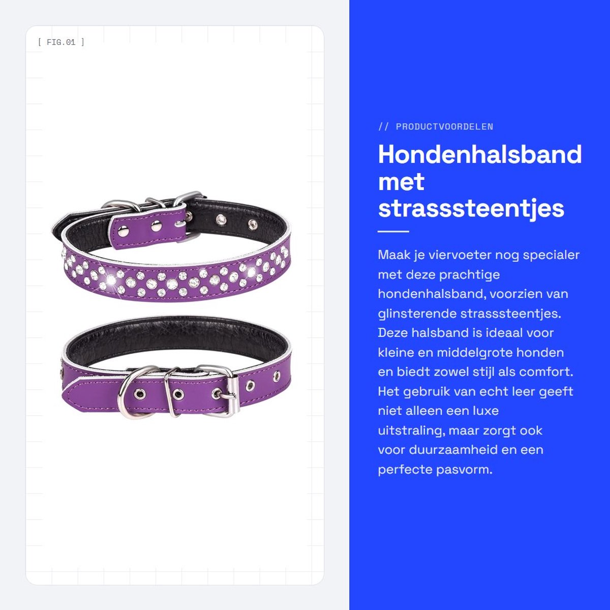 Dailygoods- Hondenhalsband verstelbaar - Echt Leer - Strass-steentjes - Glinsterende Klinknagels - Voor Kleine/Middelgrote Honden - Halsomtrek 28-46 cm - Huisdierhalsband