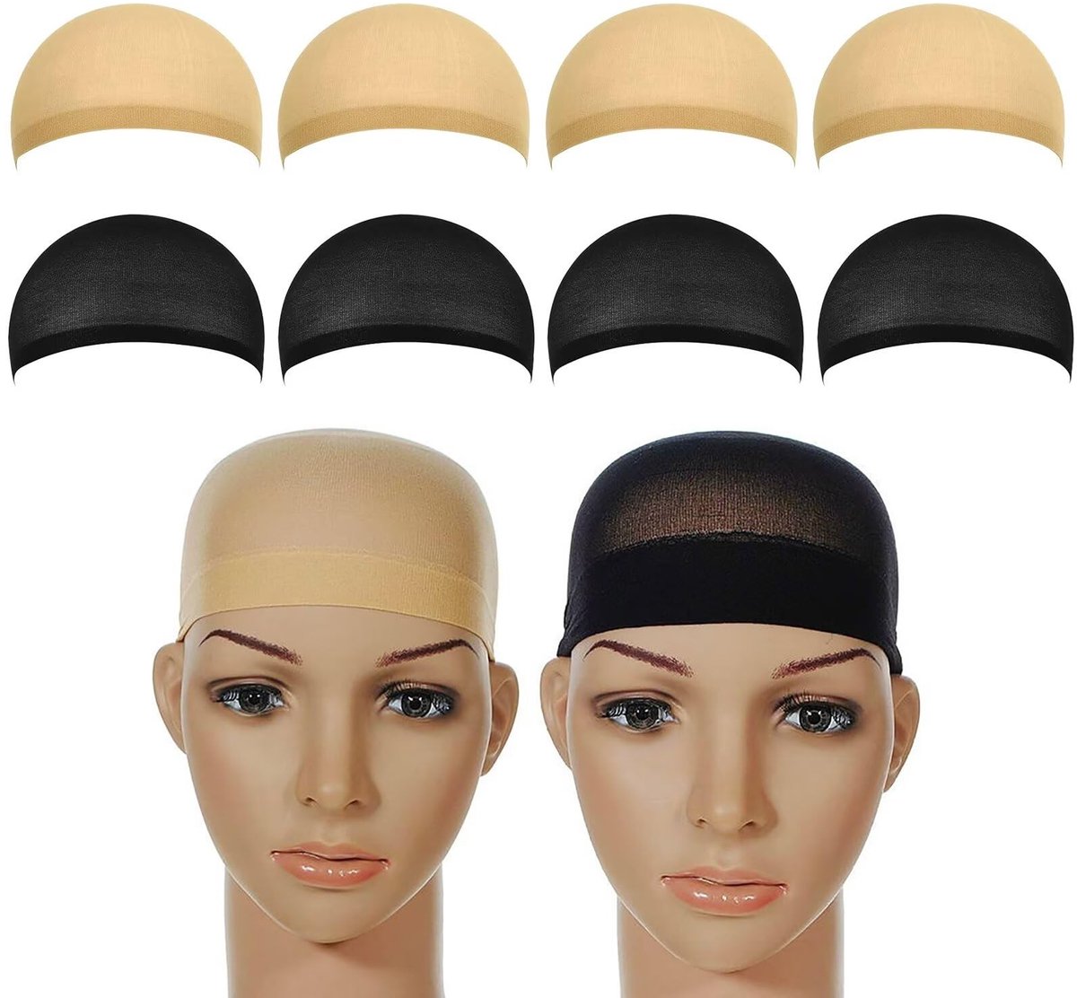 Dailygoods- Haarnetjes 8 Stuks - Nylon/Pruikkapje - Rekbaar/Elastisch - Ademend - Onderkap - Beige/Zwart - Pruikkap