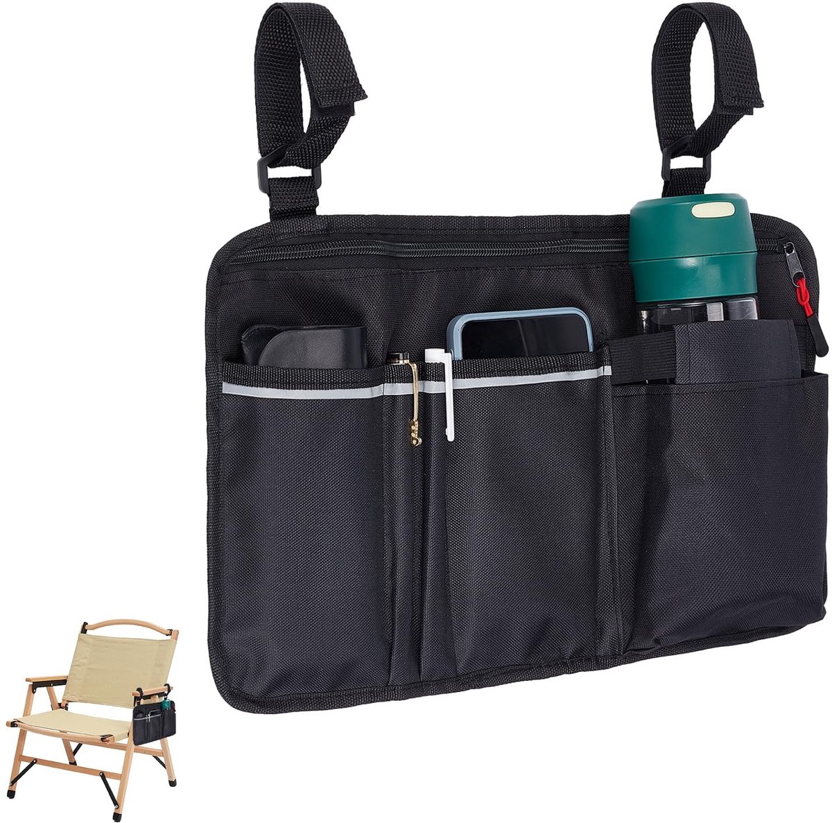 Dailygoods- Kopjeshouder Zwart - Stoel Organizer - Armleuning Organizer - Camping Organizer - 600D Oxford Stof - 41 x 25 cm - Stoelorganizer