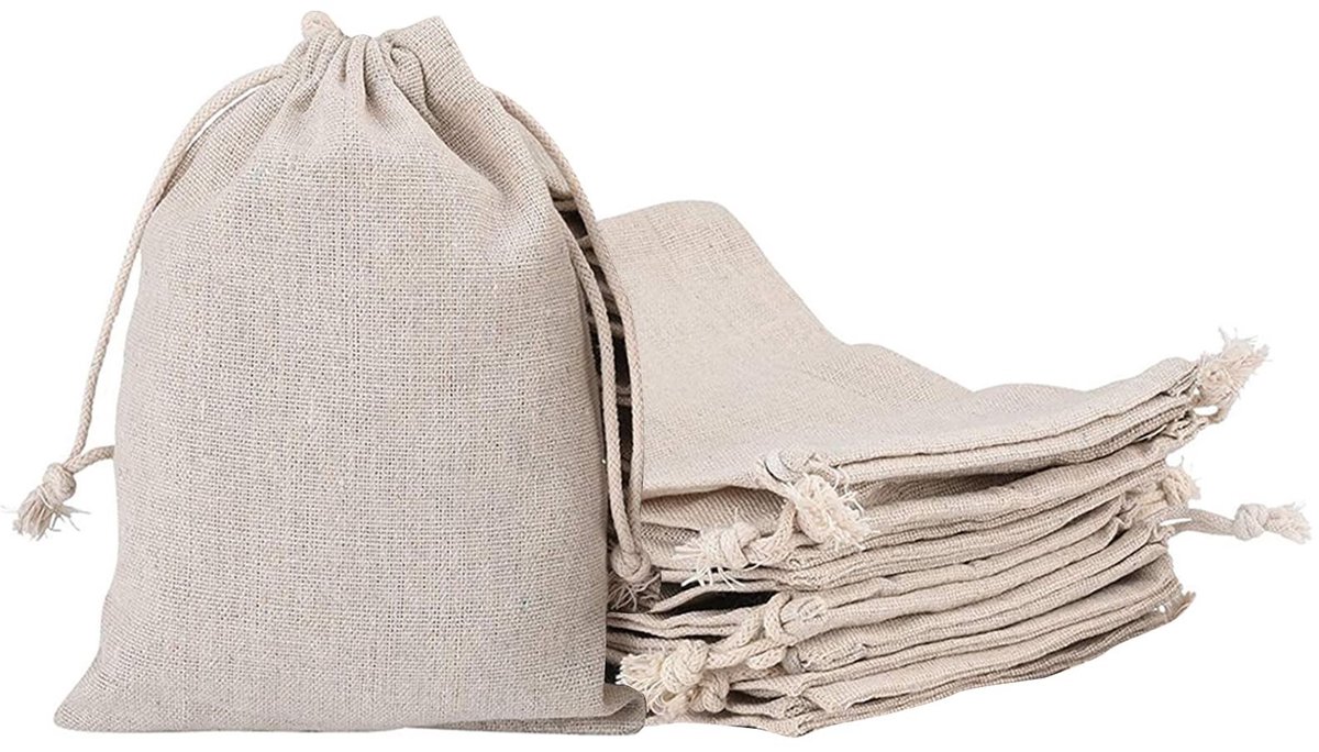 Dailygoods- Jutezakjes 10 Stuks - Jute Cadeauzakjes - Trekkoord - Herbruikbaar - 20 x 30 cm - Sterk Katoen/Linnen - Cadeautas