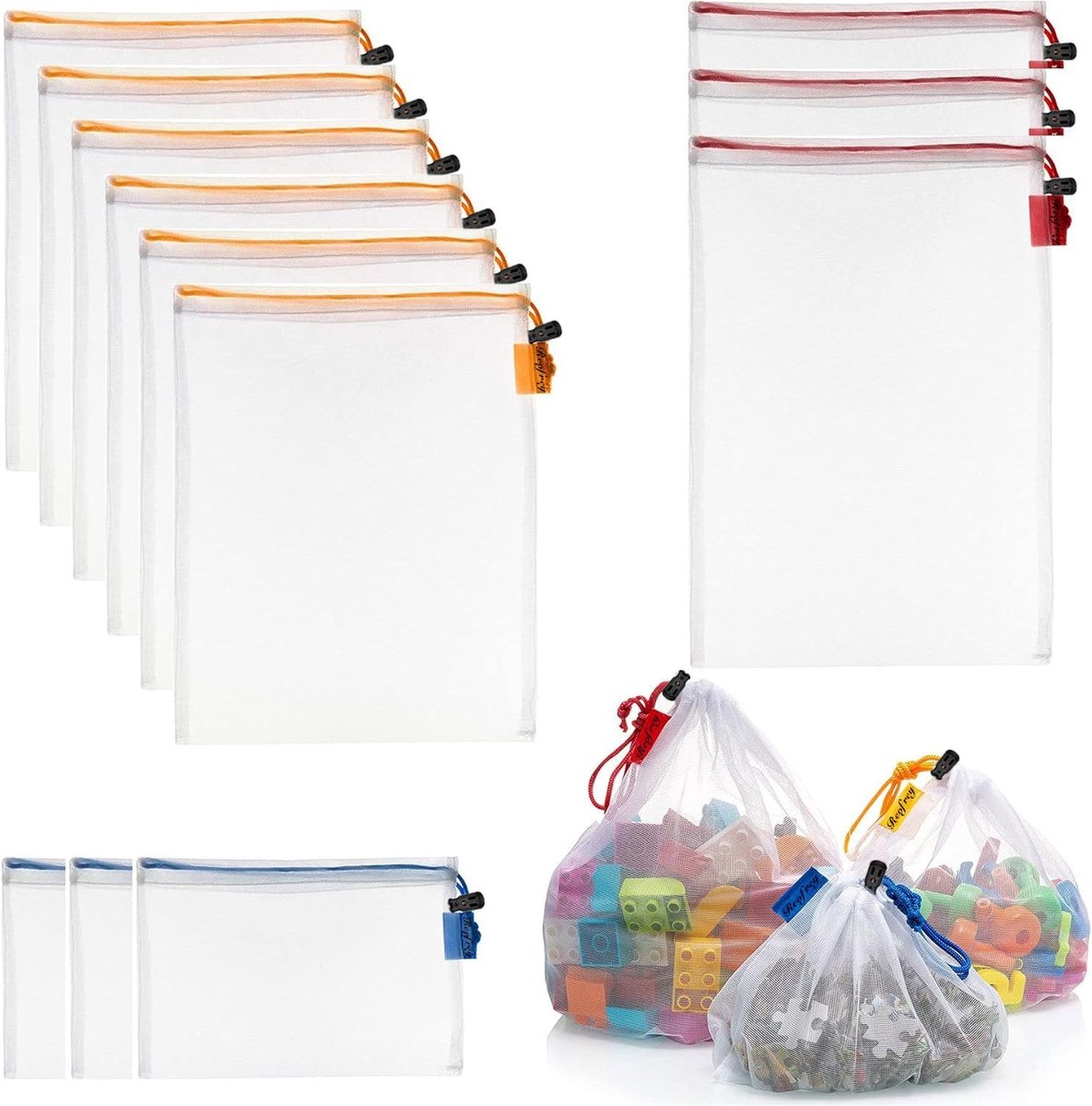 Dailygoods- Speelgoedzakken 12 stuks - Wasbare Mesh - Lichtgewicht/Opvouwbaar - Trekkoord - Duurzaam/Polyester - Voor Opslag/Speelgoed - Opbergzakken