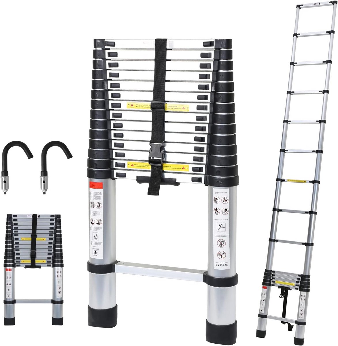 Telescopische ladder - Uitschuifbare ladder - Klussen in huis - Afneembare haak - 44 meter - Aluminium