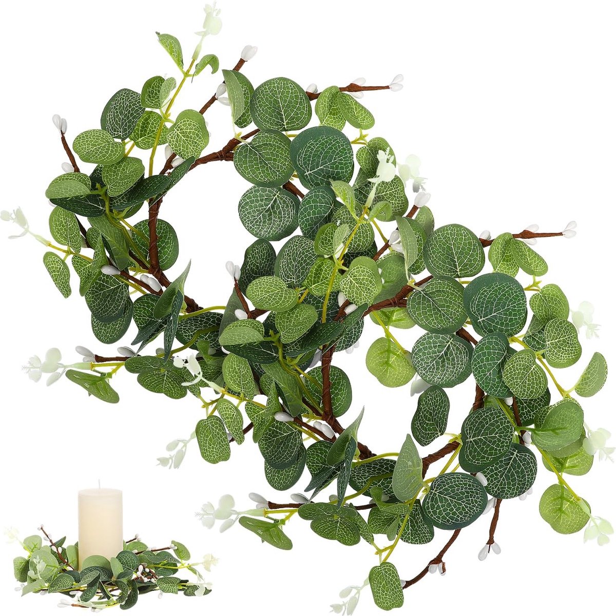 Dailygoods- Eucalyptus Krans - Mini Kunstmatige Krans - Kaarsring - Boerderij Decoratie - Lente/Zomer Decor - Set van 2 - Decoratieve Krans