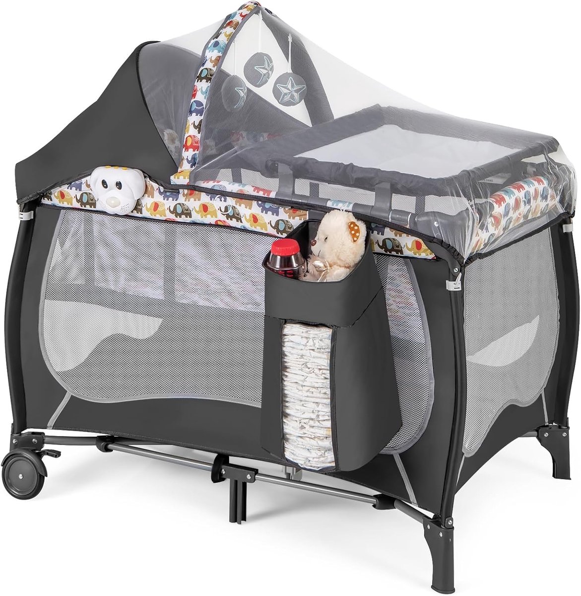 Babybed 4-in-1 - Bijzetbed Reisbed - Babyverzorging Slapen - Inclusief Matras Muziekdoos - 106 x 78 cm - Kleurrijk