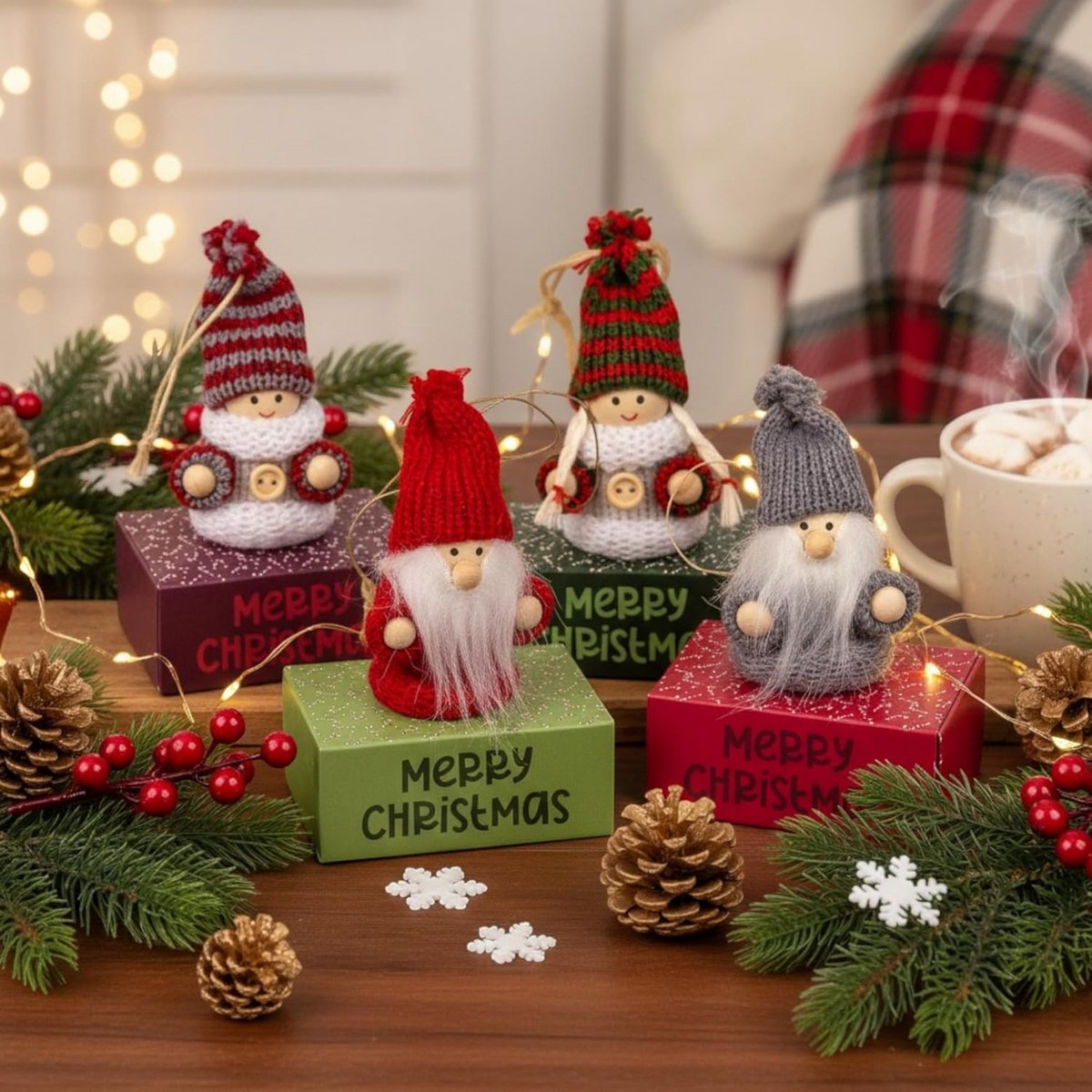 Mini geschenkdoosjes - Kabouter dozen - Kleine cadeaus geven - Hout en gebreide stof - 4 stuks - Kleurrijk