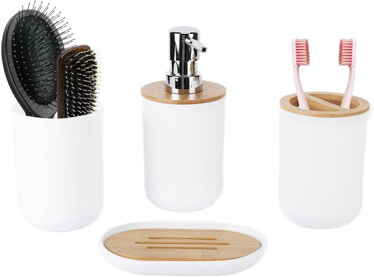 Dailygoods- Badkameraccessoireset 4-delig - Zeepdispenser - Tandenborstelhouder - Tandenborstelbeker - Zeepbakje - Duurzaam en gemakkelijk schoon te maken - Badkamerset
