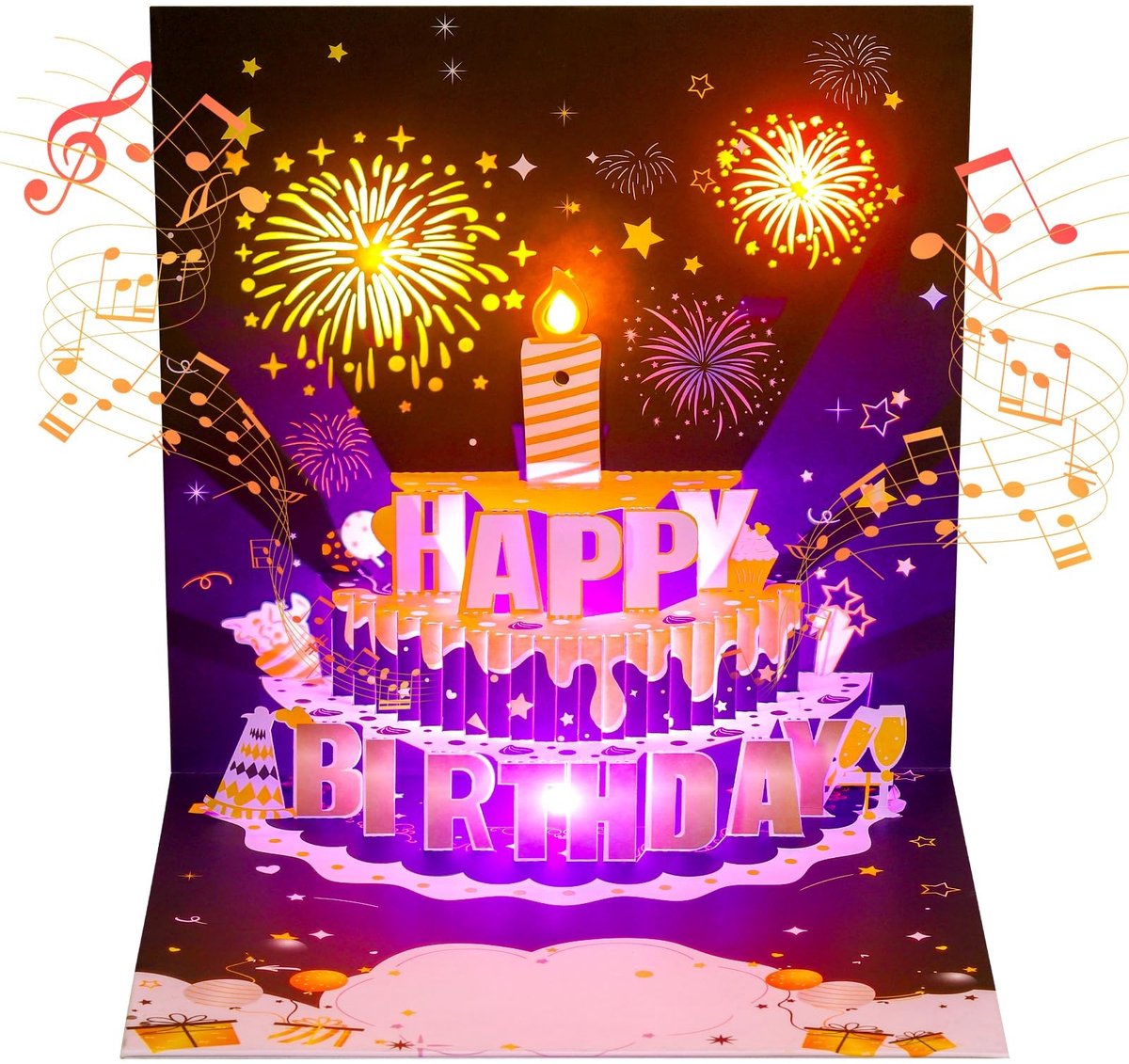 Dailygoods- Verjaardagskaarten met muziek - Pop-up Kaart - 3D Vuurwerk - Gouden Envelop - Cijferkaarten 0-9 - Compleet met Enveloppen - Muziekkaart