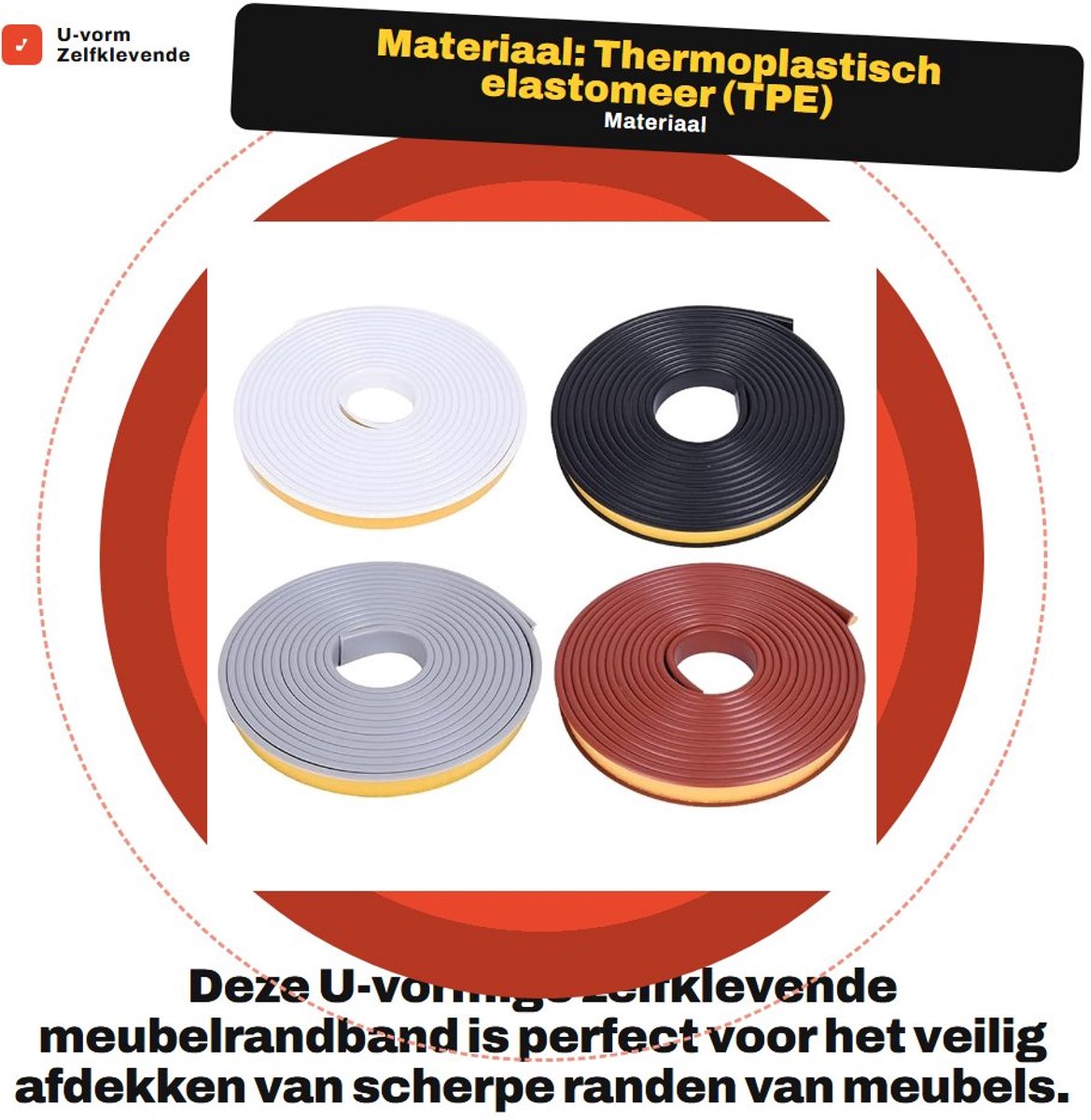 Dailygoods- Meubelrandband U-vorm 5 meter - Flexibel - TPE-kunststof - Stootrand - Randbescherming Rubber - Opvouwbaar - Veilig voor scherpe randen