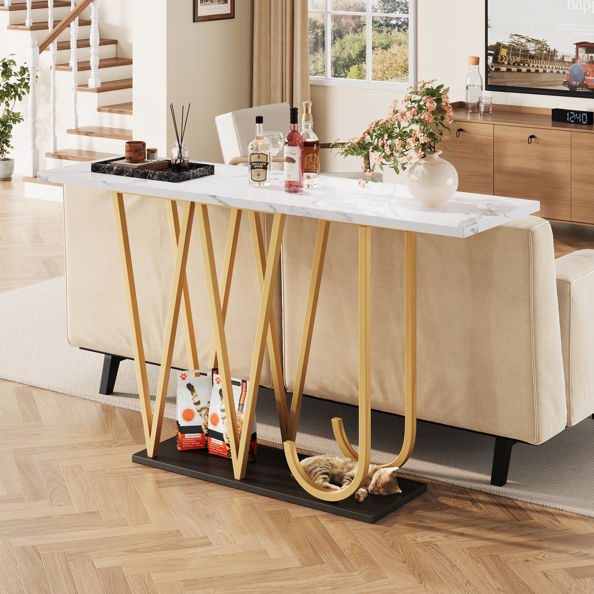 FloraGrace Consoletafel - Marmerlook Met Opbergruimte - Voor Hal Keuken En Balkon - MDF En Metaal - 120x29,5x80 Cm - Wit