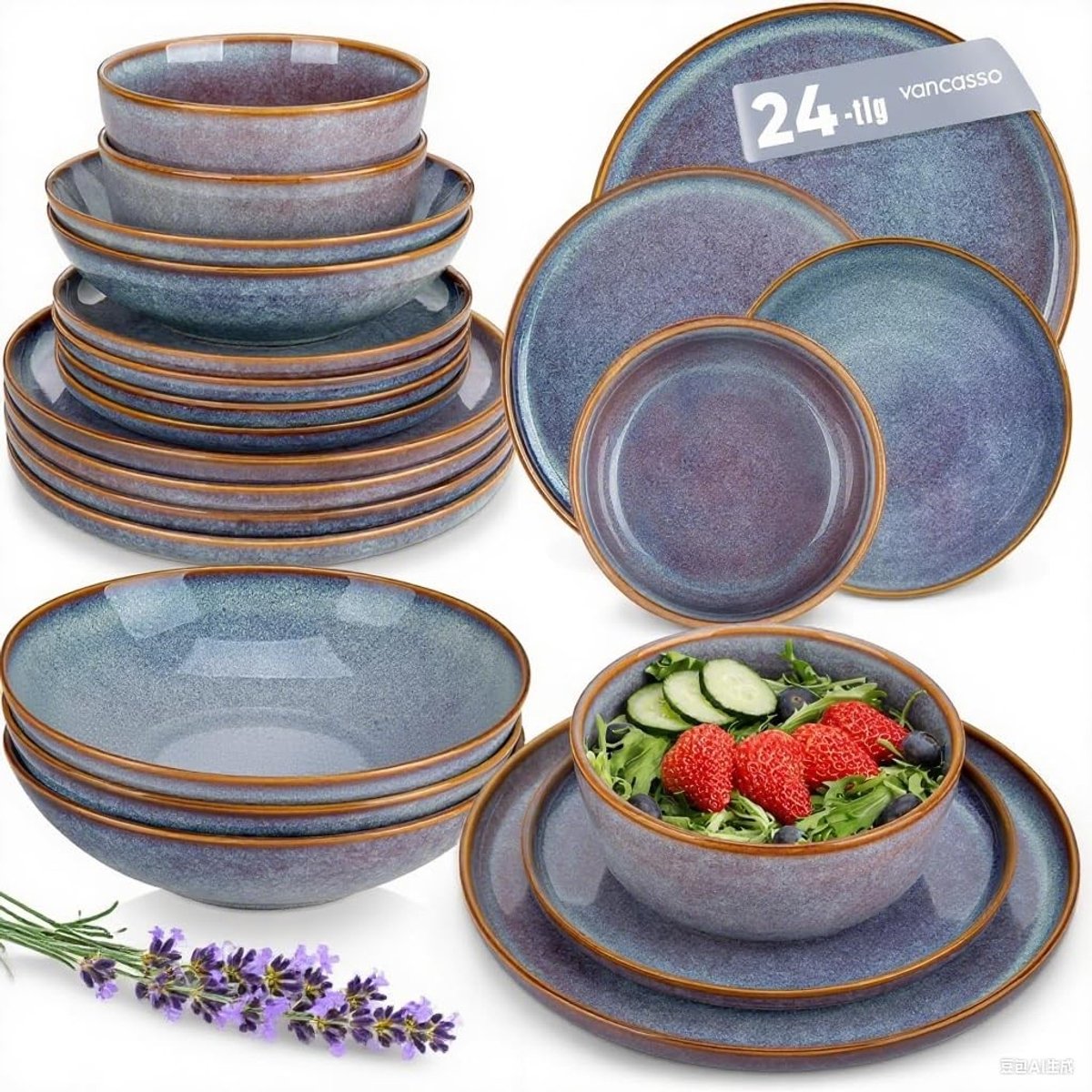 Cosensi - Vancasso Playa Dinner Set - 24-delig Steengoed Servies - Handgemaakt en Uniek - Lavendelblauw - Vaatwasser- en Magnetronbestendig - Gesch...
