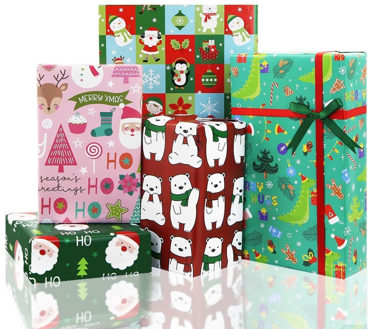 Kerstcadeaupapier met Cartoon Designs - Kerstman, Beer, Sneeuwpop, Pinguïn, Dinosaurus - Met Rode en Groene Linten - Familie, Vrienden, Kinderen - Jongens en Meisjes - 5 Ontwerpen