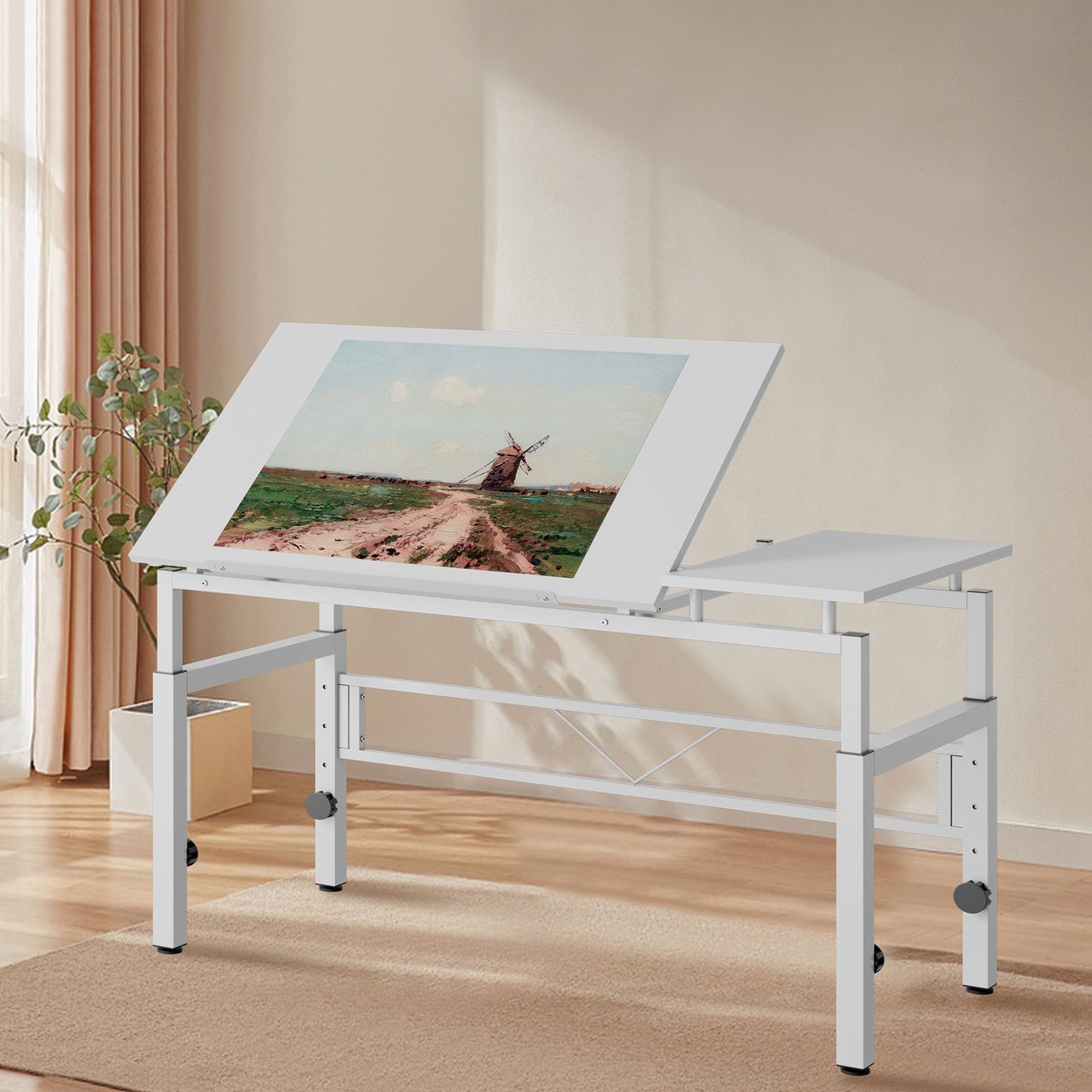 Pugsdrly Verstelbare tekentafel, wit tekenbureau met kantelbaar blad en 4 stelvoeten voor kantoor, studeerkamer, salon, klaslokaal