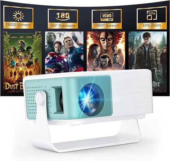 Mini Beamer 720P HD met 1080P input, Automatische Keystone Correctie, 50% Zoom, 180° Rotatie, Compact en Licht