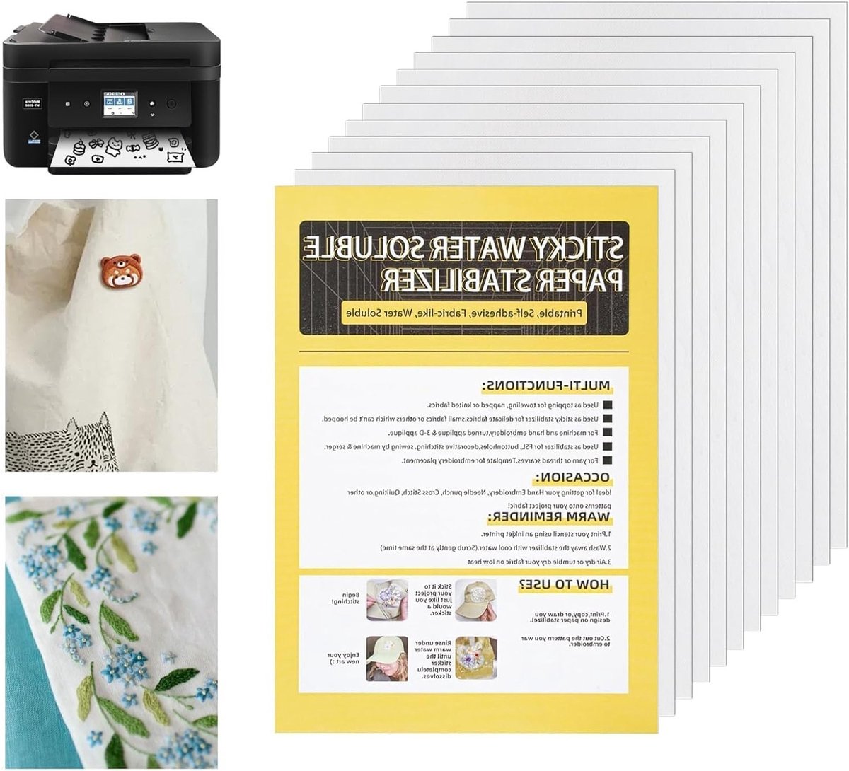 12PCS Wateroplosbare Zelfklevende Borduurpapier Stencils A4, Ideaal voor Borduren en Tekenen, Printbaar en Versterkend Borduurmateriaal