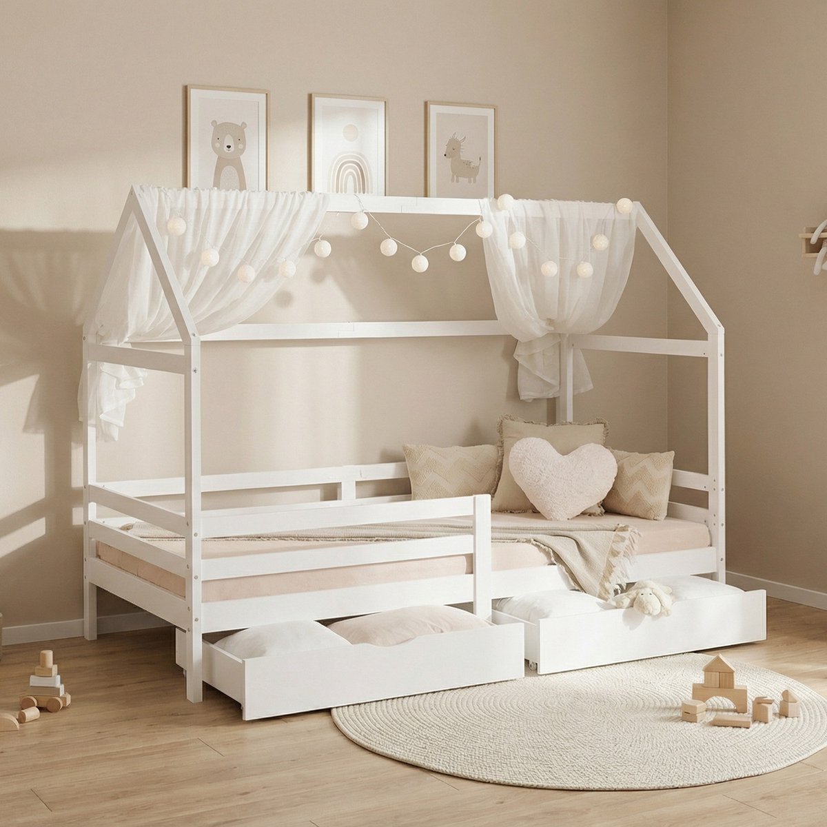 Homestyle4u Kinderbed 90x200 cm - Huisbed - met 2 beddenkisten - Wit