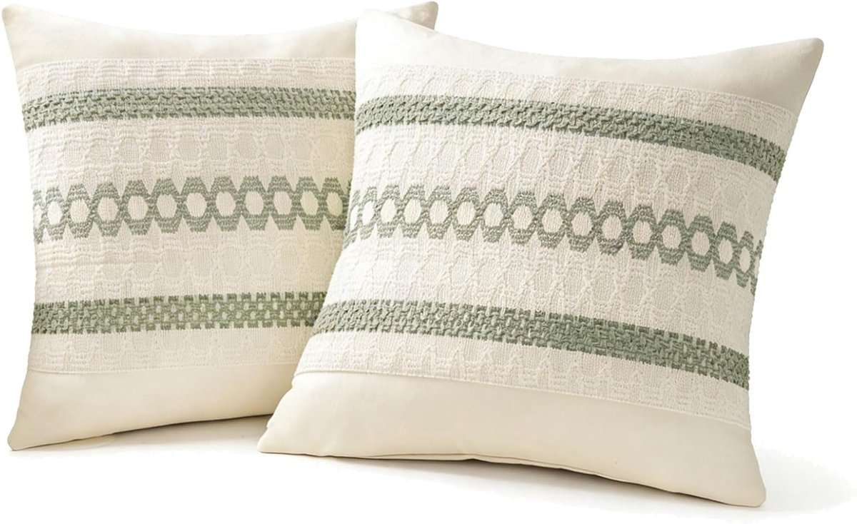 Set van 2 Kussenslopen in Saliegroen - Boho Macramé Decoratieve Kussencovers van Katoen en Polyester voor Woonkamer en Slaapkamer (45 x 45 cm)