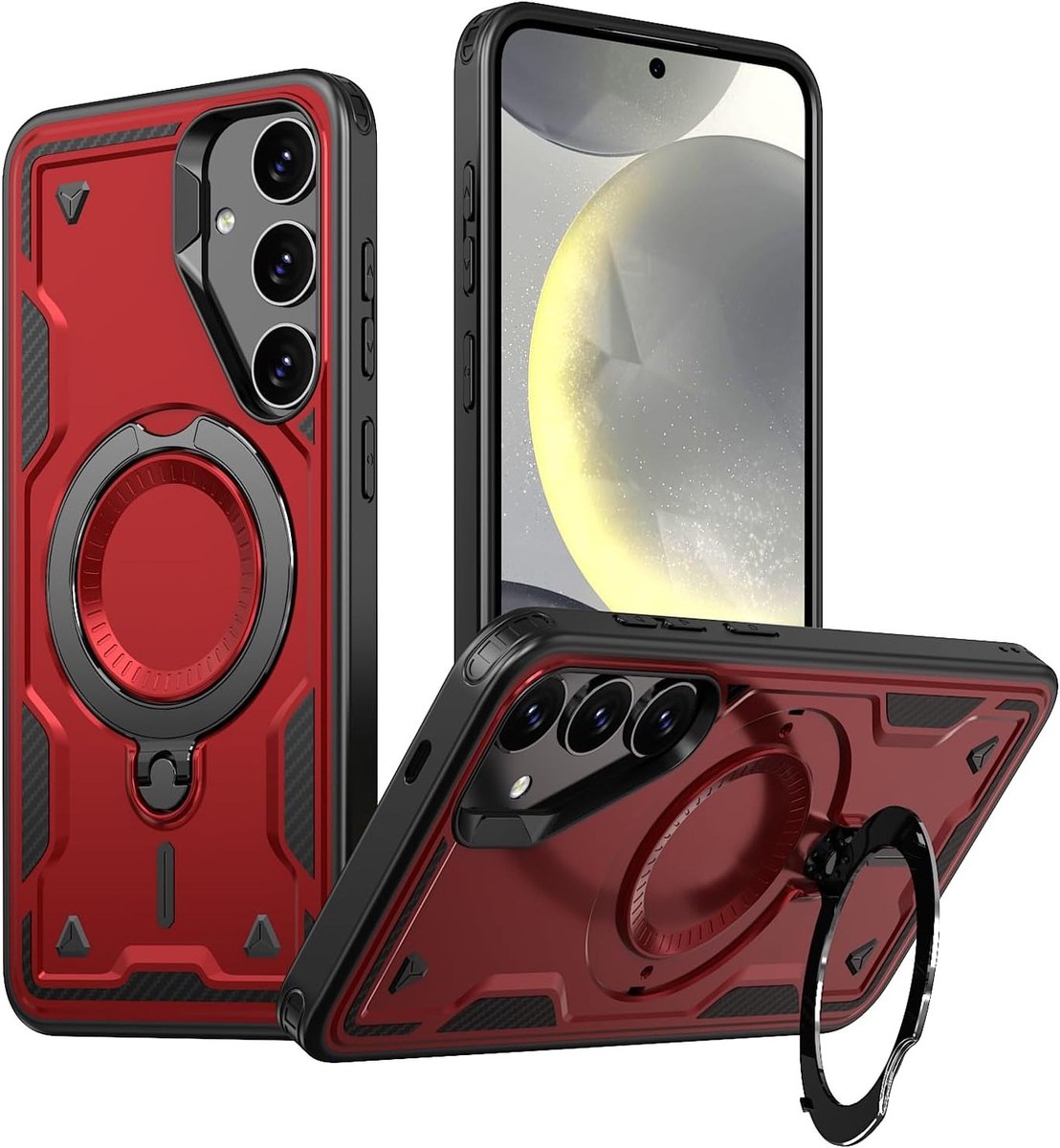 Compatibele Magsafe Hoes voor Samsung Galaxy S25 FE - Magnetische Autohouder, Schokbestendige Hardcase met Metalen Stand - Rood