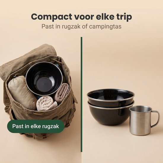 Cheqo® Campingschalen Set van 2 - Emaille Schalen - Camping Servies - Emaille Kommen - Camping Kommen - Emaille Borden - Kampeer Servies - Outdoor Servies - Diepborden - Zwart - Kamperen - Geëmailleerd - Picknick — afbeelding 5