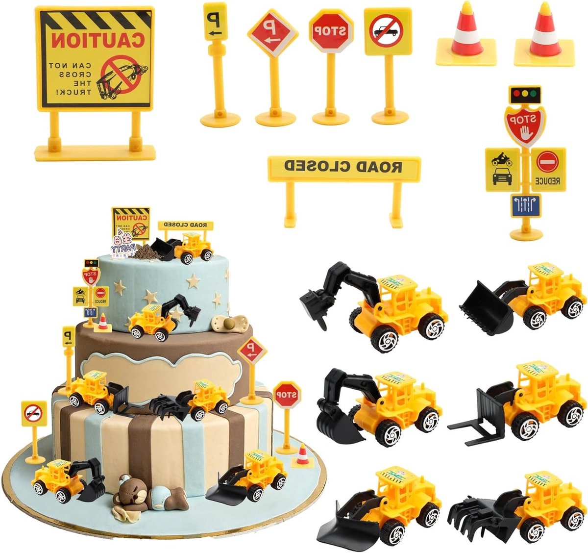 Decoratie voor Taart met Bouwplaats Thema, 16 Stukken inclusief Graafmachine en Speelgoedauto van Metaal en Plastic