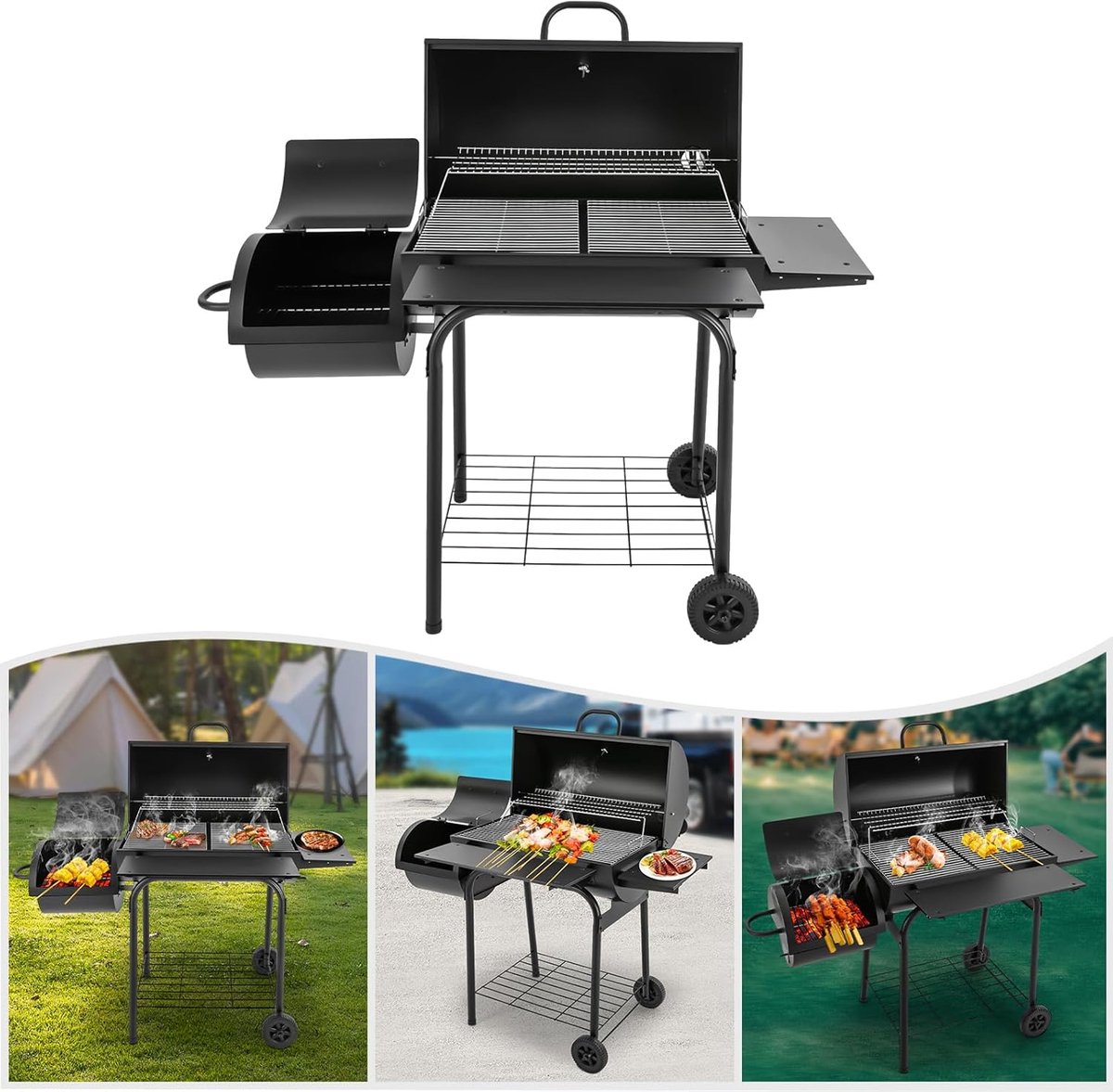Houtskool Barbecue Grillwagen XXL met Deksel en Schouw – House&Garden Premium Smoker BBQ – Grote Dubbele Grillzones met Opbergplanken, Wielen en Ventilatie – Buiten Kolenbarbecue voor Tuin, Terras & BBQ Party 147 cm