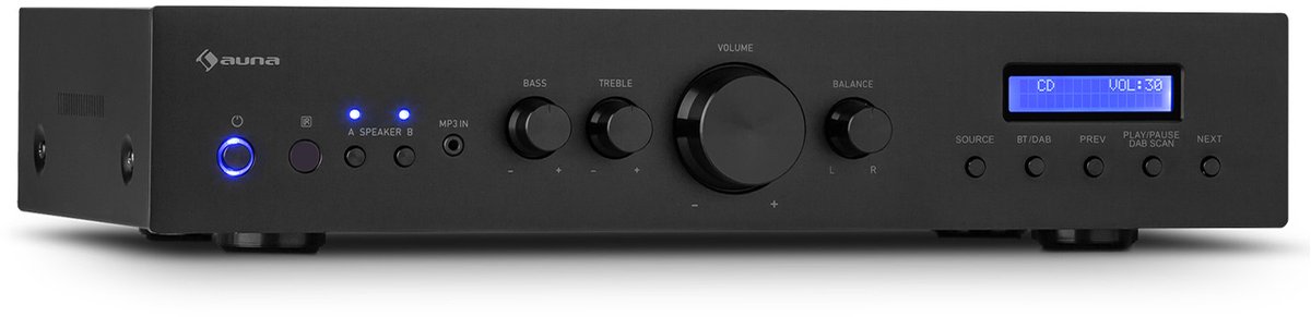 Auna Versterker, HiFi stereo mini-versterker, HiFi-versterker met bas- & treble-regelaar, 2-kanaals audioversterker, Stereo-versterker met afstandsbediening & DAB-radio, AV-receiver