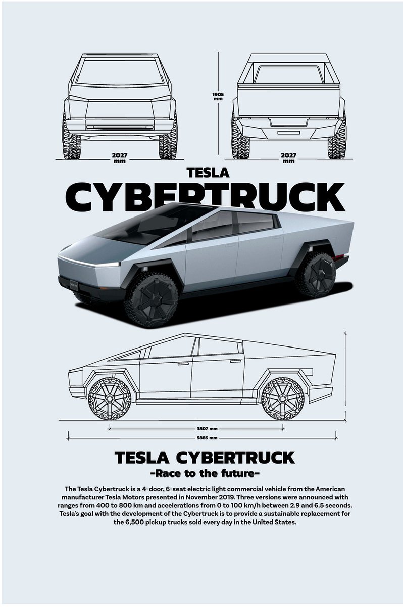 Tesla Cybertruck Technische Tekening - Dibond Wandprint - 100x150 cm - Premium Aluminium - Galerij Kwaliteit - Tesla Cybertruck