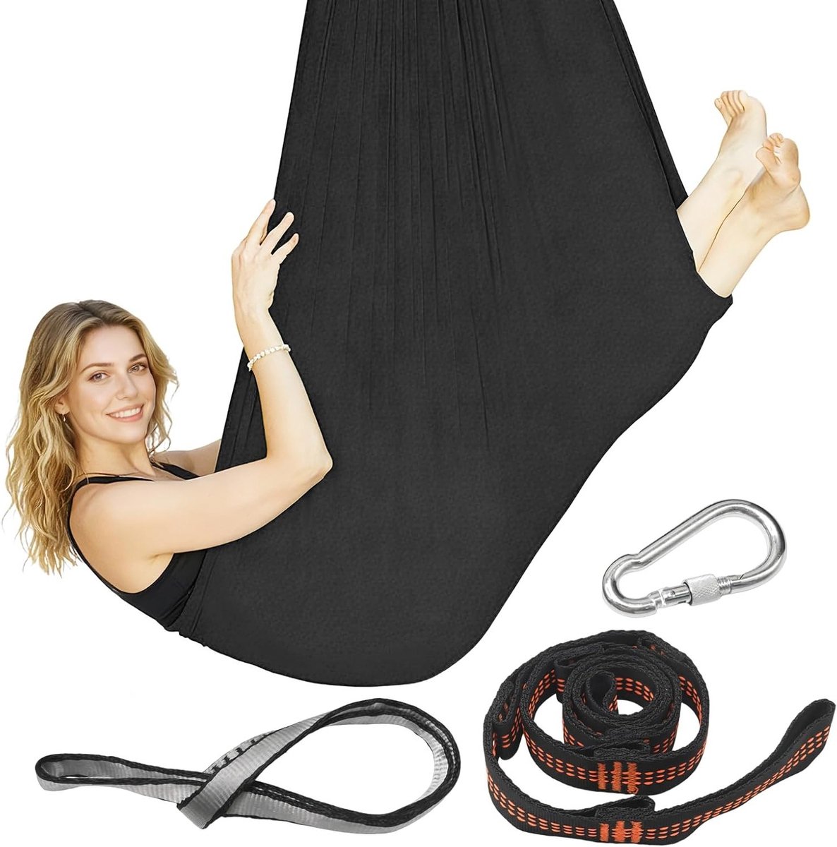 Zwarte yoga-hangmat 280 × 150 cm, inclusief accessoires voor thuisfitness en yogastudio's, ideaal voor ontspanning en training