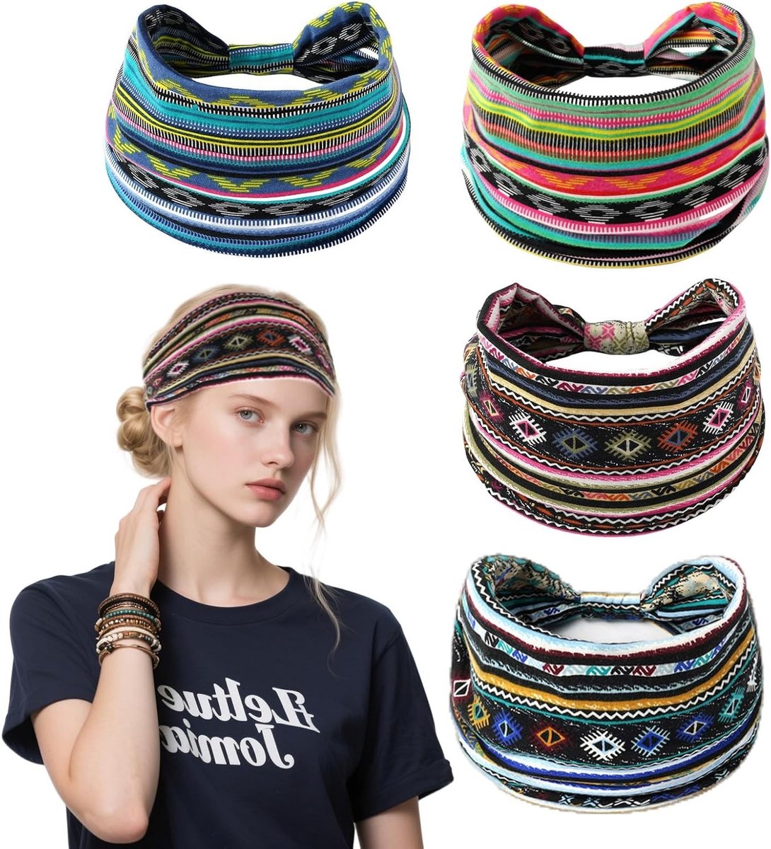 4 Stuks Mode Haarbanden voor Dames, Brede Zachte Boho Haarbanden met Elastische Strik, Geschikt voor Hardlopen, Yoga en Fitness, Perfecte Accessoires voor Elke Gelegenheid