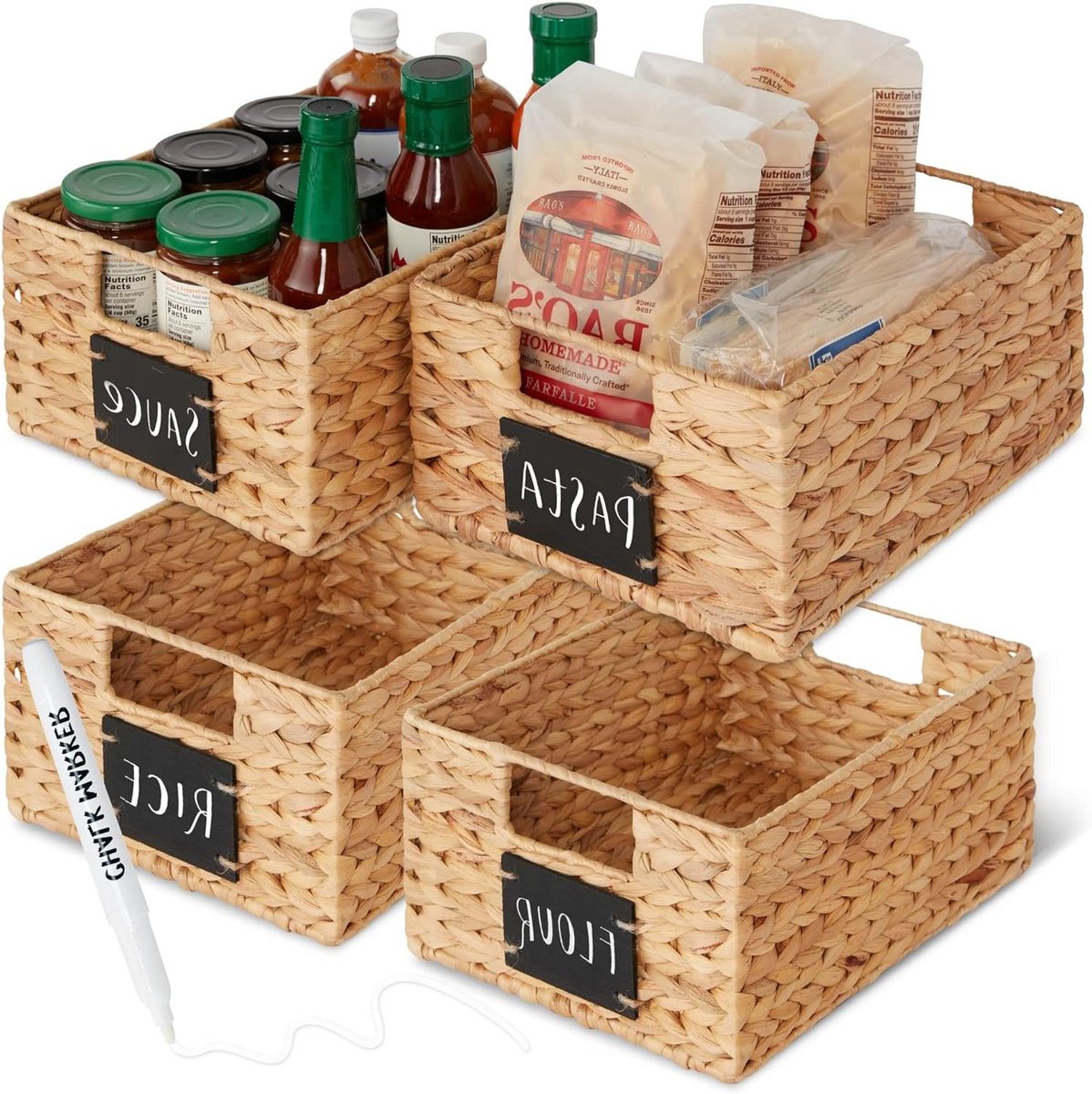 Opbergmanden Set - Keuken Organizers - Huis Ordenen - Met Krijtbord Etiket - 4 stuks 12x9" - Naturel