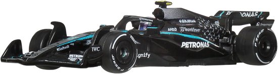 Zwarte F1-auto met turquoise lijnen, PETRONAS-logo en nummer 63. Zijaanzicht.