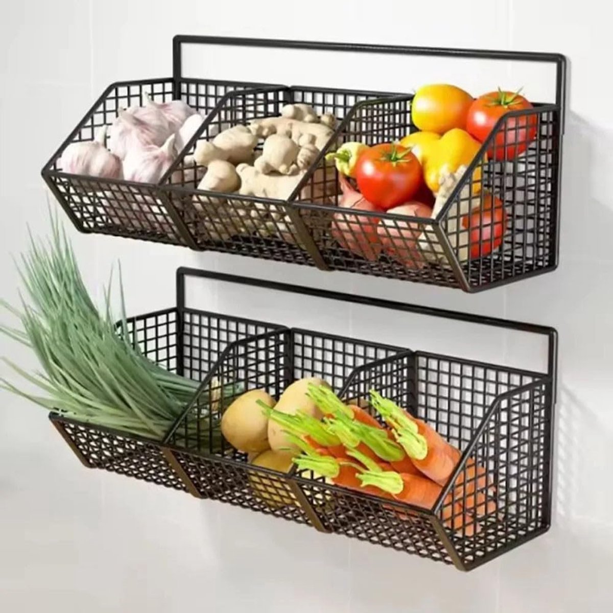 Fruitmand Wandrek - 2 Stuks - 36x15x11cm - Keukenorganizer - Kruidenrek Ophangbaar - Opbergmand - Zwart