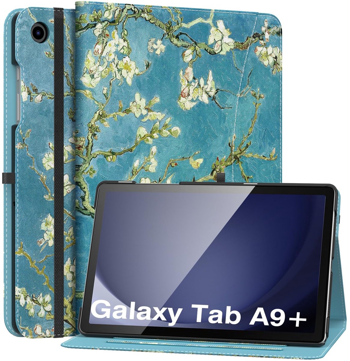aladdien - Hoesje voor Samsung Galaxy Tab A9 Plus - PU-lederen opvouwbare standaard - Amandelbloesem - Automatisch waken/slapen - Extra bescherming ..